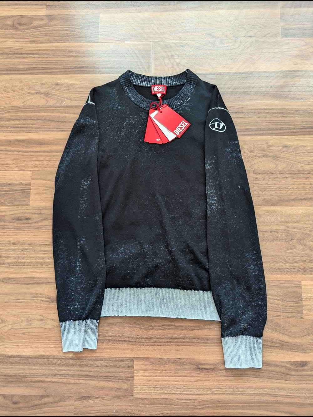 Diesel Black Crewneck Sweater with Gray Rib Trim